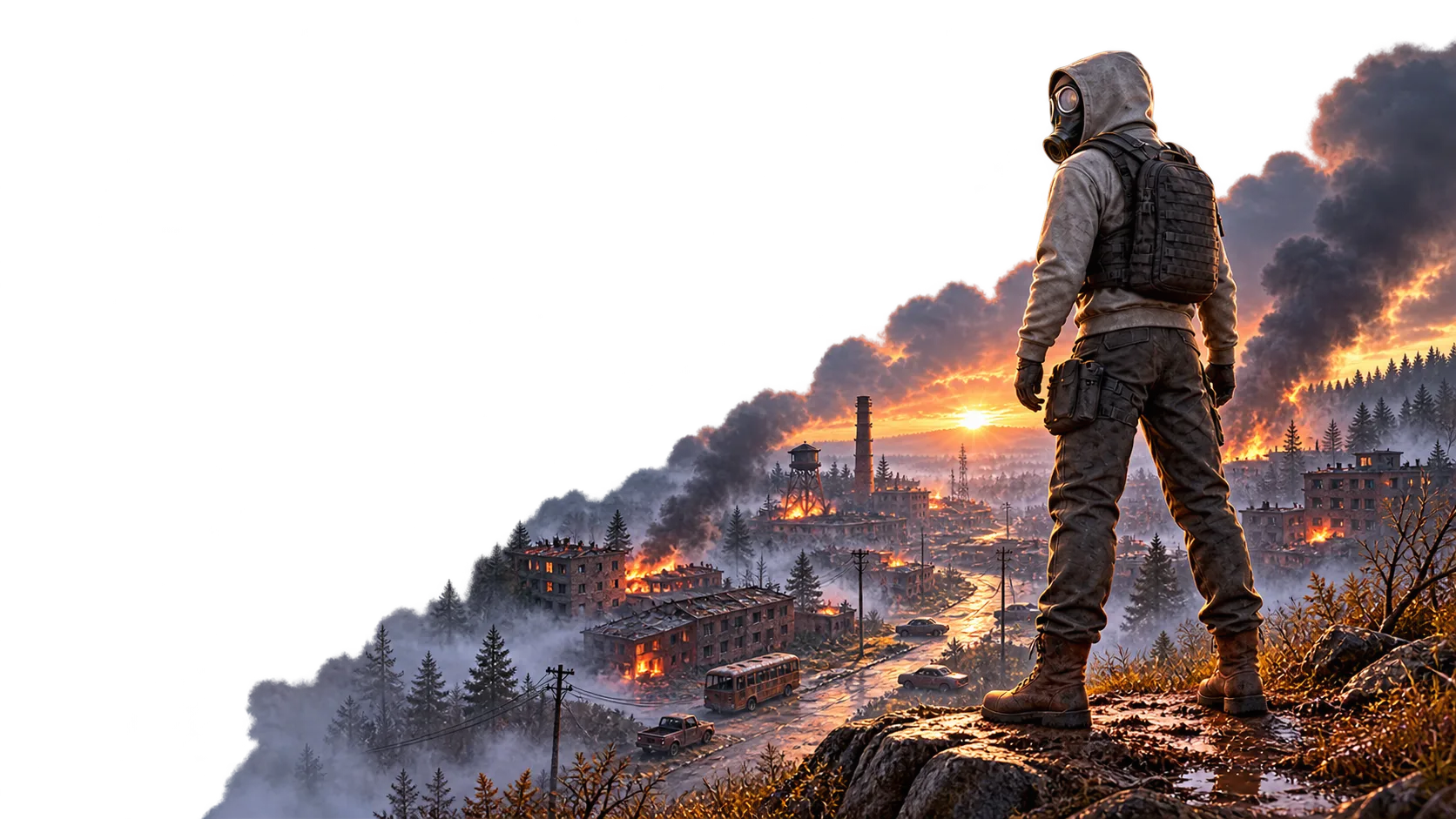 RAVENSK — a survivor in a gas mask overlooking a burning town at sunset