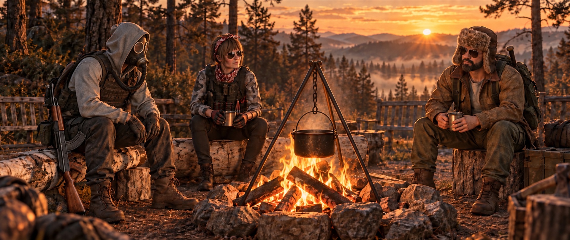 Three survivors with gas mask and rifle rest by a campfire with a cooking pot in a forest camp at sunset — RAVENSK